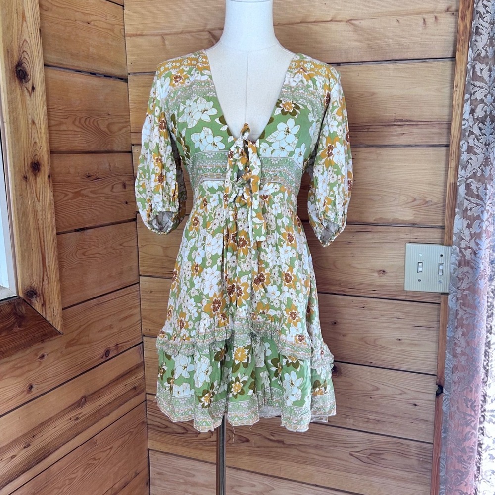 Boho Mini Dress Medium Green Yellow Floral Retro 70s V Neck Puff Sleeve Indikah